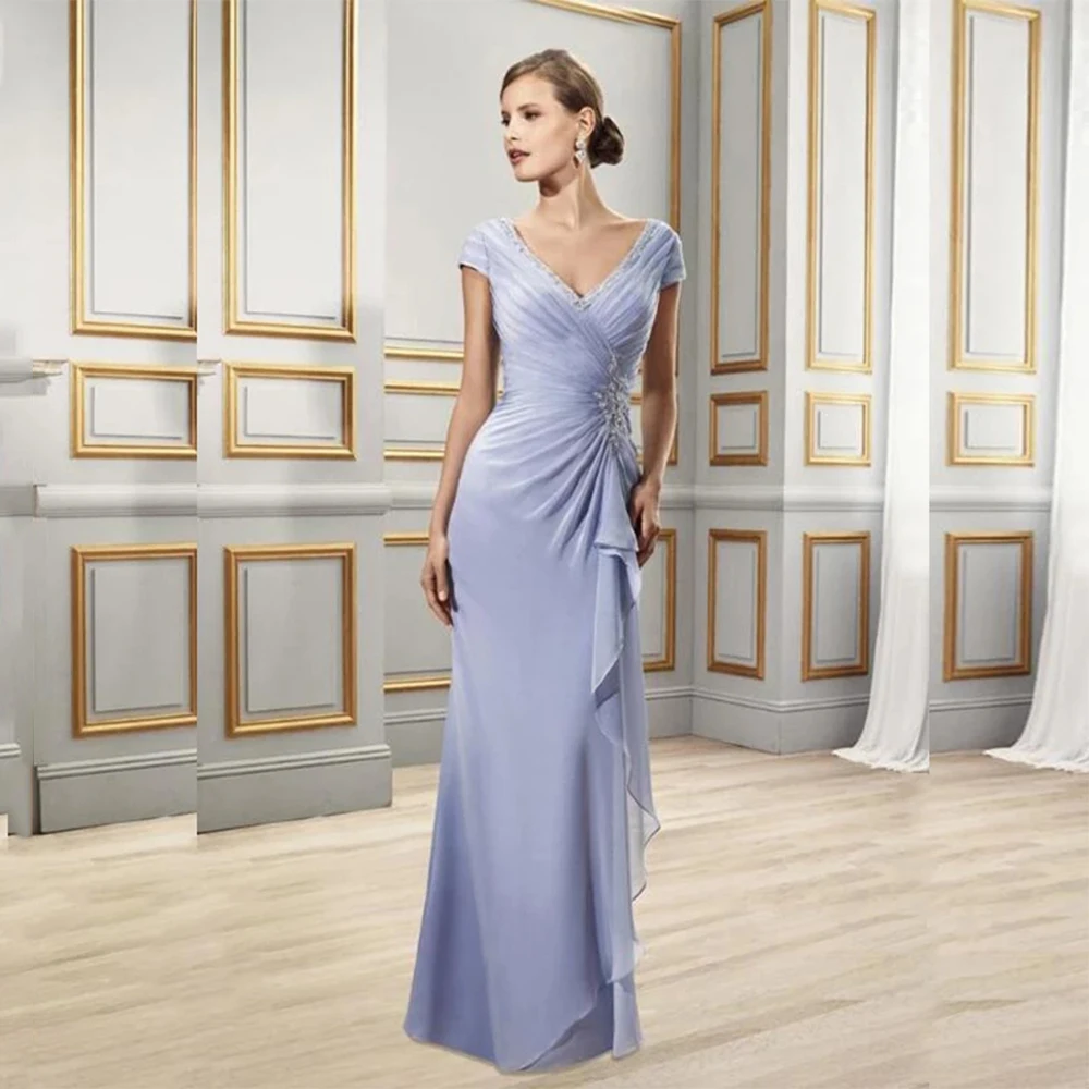 

Modern Elegant Sheath Mother of the Bride Dresses 2021 Short Sleeve V Neck Wedding Backless Chiffon Guest Gowns Plus Size