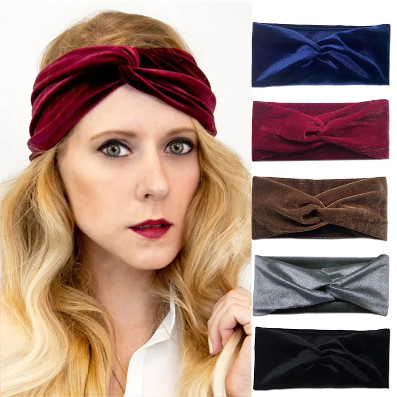 

Gold velvet cross hairband female autumn and winter solid color stretch wide-side sports yoga headband good hair accessories