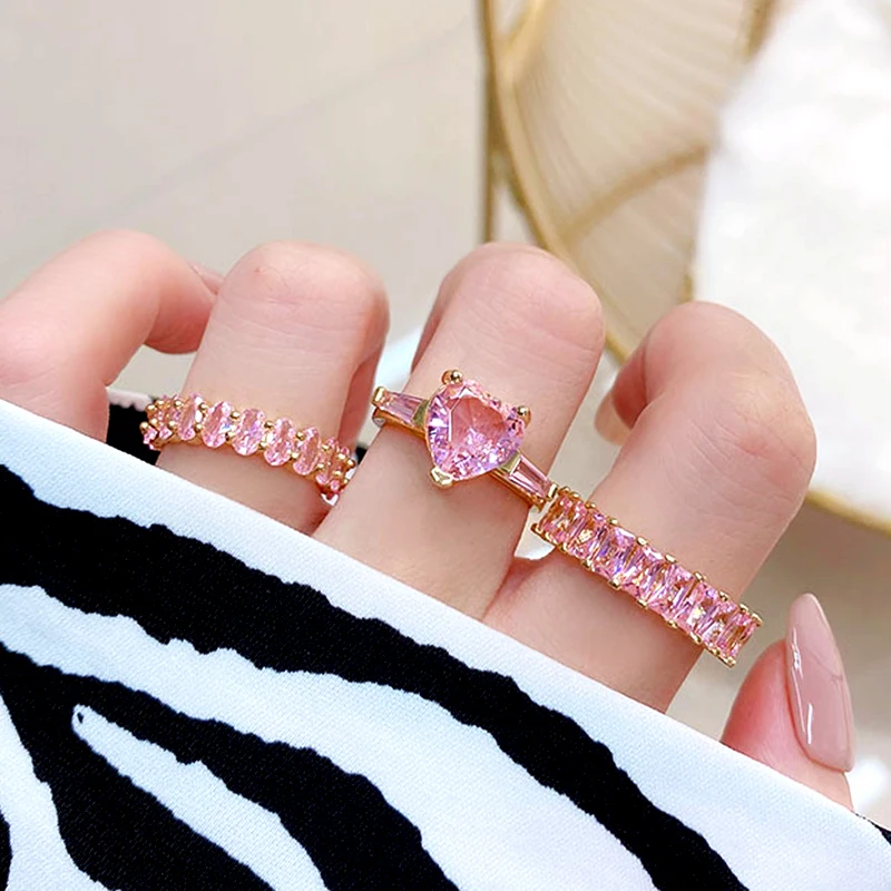

New Trendy 14k Real Gold Geometric Heart Pink Crystal Open Rings for Women Girl Jewelry Adjustable Design Micro Inlay AAA Zircon