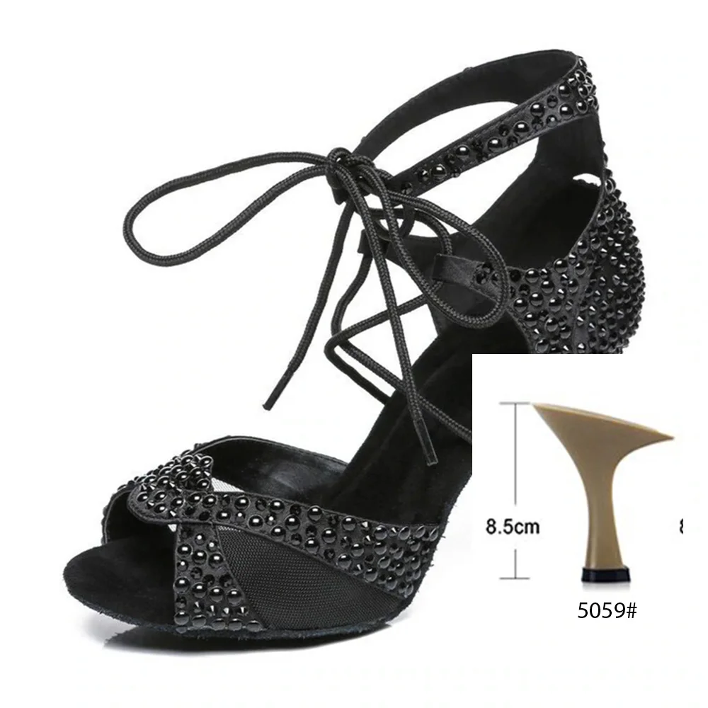 Women Latin Dance Shoes Ballroom Black Dancing Shoes Wedding Party Sandals Sexy Rhinestone Salsa Dance shoes for high heels