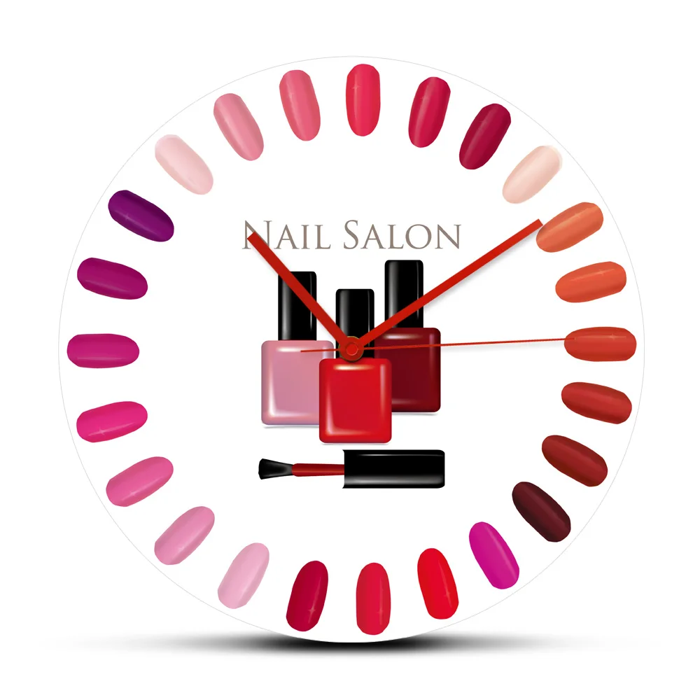 

Beauty Salon Nail Polish Palette Bottle Design Modern Acrylic Wall Hanging Clock Manicure Nails Studio Wall Art Decorative Watch
