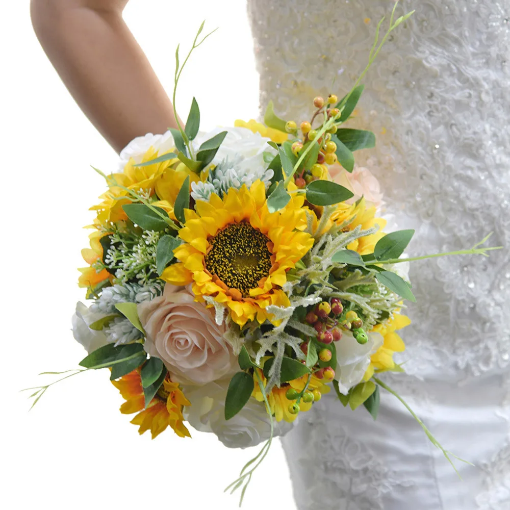 

Sunflower Simulation Flowers Height: 28cm Festival Supplies Wedding Linen Home Decoration Handmade Silk Artificial Bouquet