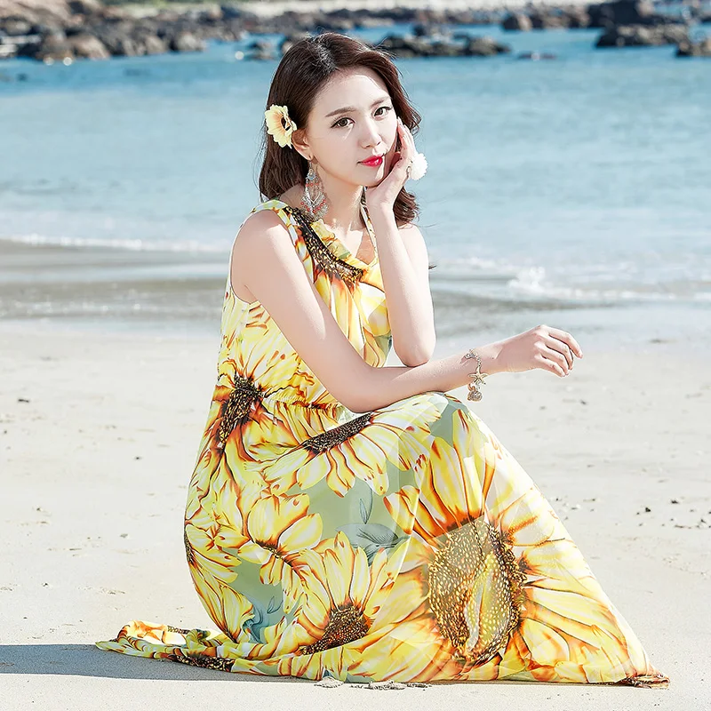 

Шифоновое пляжное длинное платье макси без рукавов с принтом в богемном стиле, летняя одежда для женщин, женский сарафан 2021