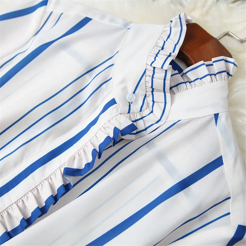 

2021 Spring Women Elegant Ruffled Striped Shirt and High Waist Wide Leg Pants Suit Office Business 2 Piece Outfits Elegant Lady