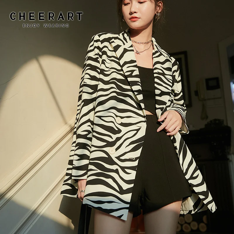 Повседневный Блейзер CHEERART с принтом зебры Женская Осенняя куртка двубортный