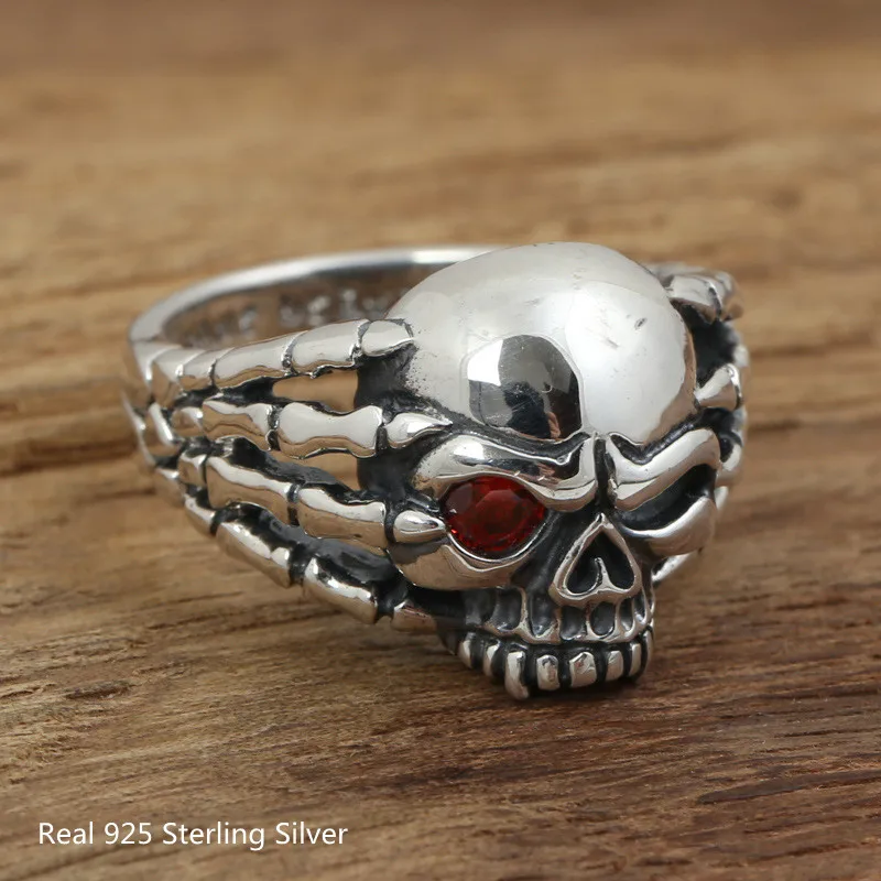 

925 Sterling Silver Unique Male Ring Demon Claw Skull Red Crystal One-Eyed Rock Punk Ring for Men Fashion Jewelry