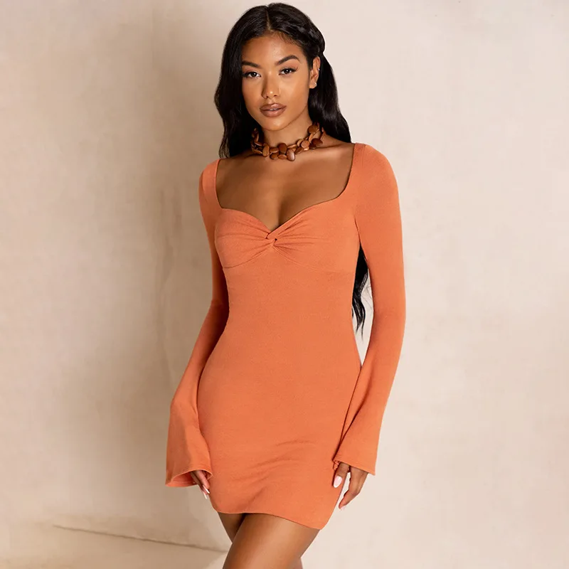 

Solid Elegant Mini Dress Women Autumn Bodycon Dresses Long Flare Sleeves V Neck Female Sexy Spring Party Club Dress
