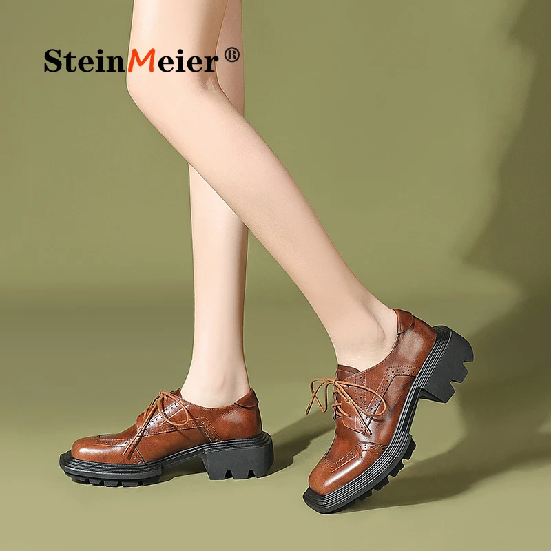 

Steinmeier New Genuine Leather Square Toe Med Heel Cross-tied British Style Retro Fashion Young Lady Streetwear Women Pumps