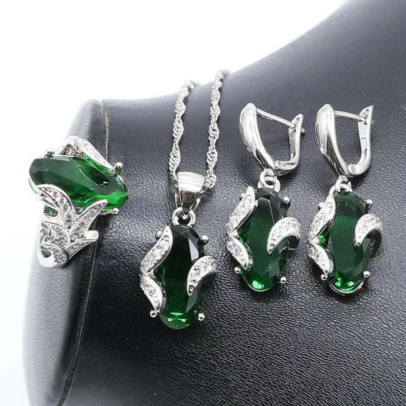Женский комплект свадебных украшений с зеленым изумрудом серебро 925 пробы