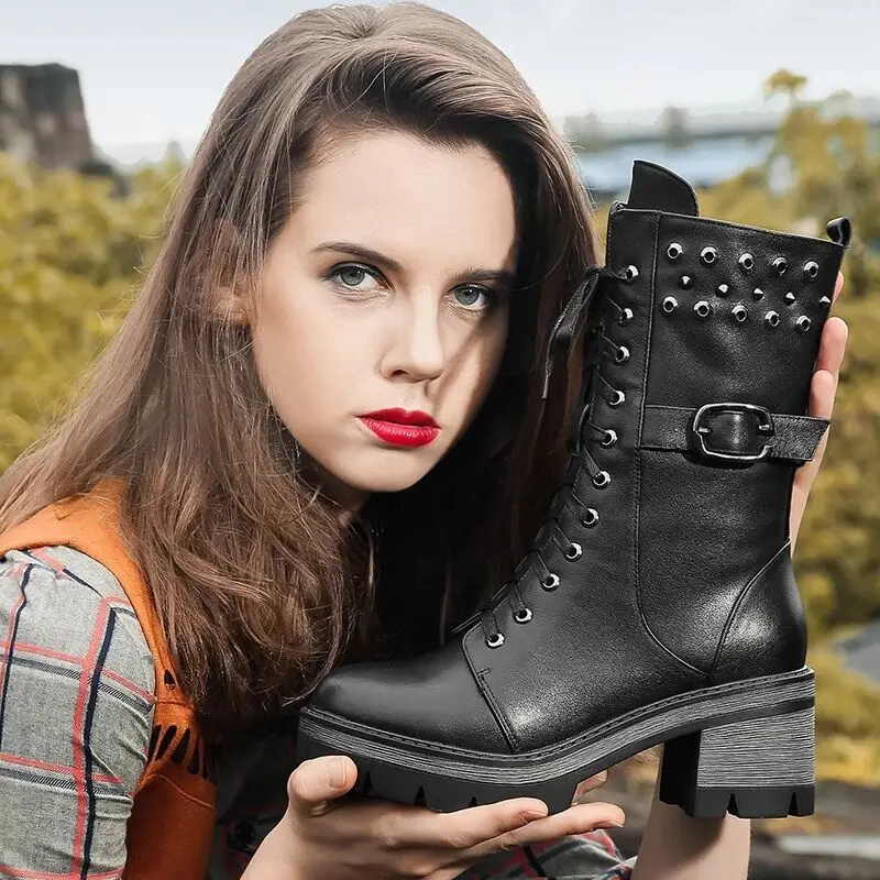 Autumn and Winter New Leather Women's Shoes Women's Boots Military Uniform Women's Roman Riding Cowboy Semi-platform Zipper Boot