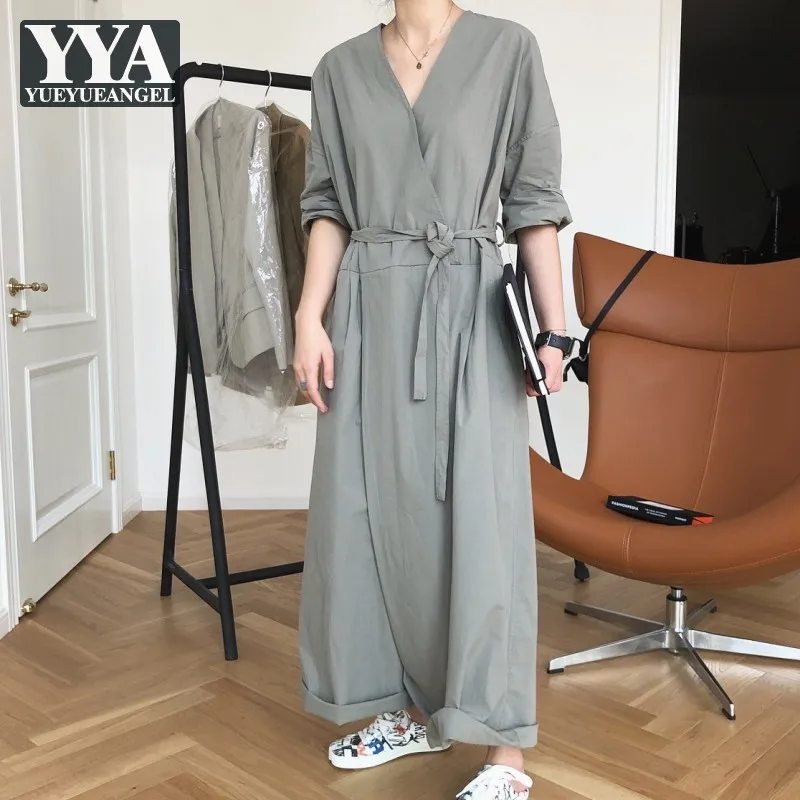 Vintage Women Summer Loose Baggy Jumpsuit One Piece V Neck Streetwear Comfortable Casual Wide Leg High Waist Belted Jumpsuits