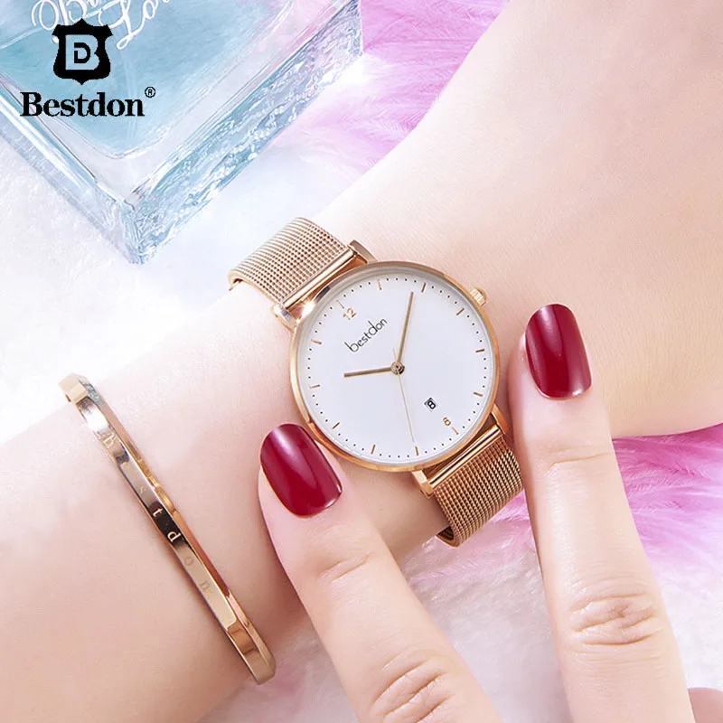Женские наручные часы Bestdon тонкие модные минималистичные кварцевые Xfcs золотого