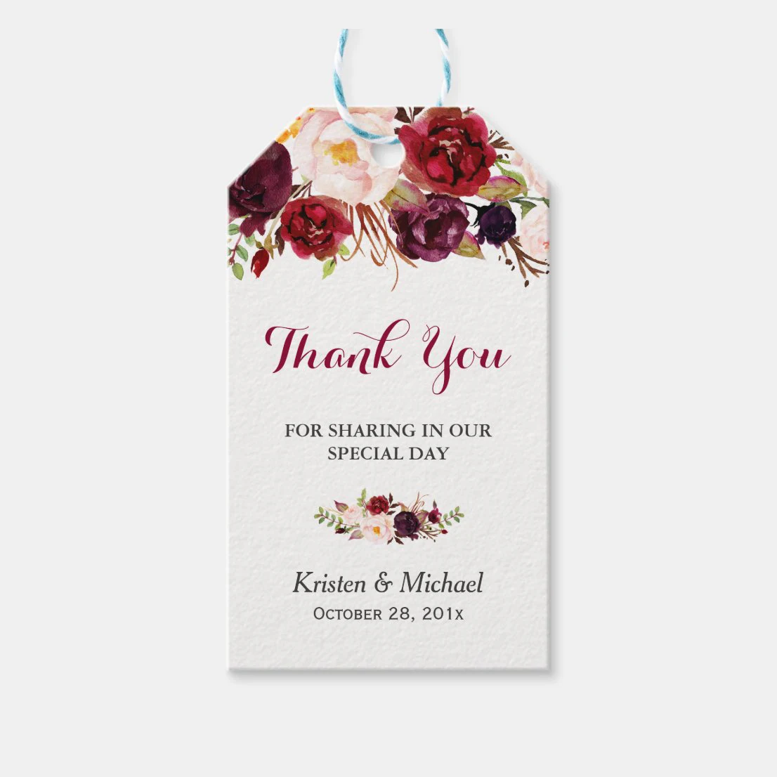 

Custom Burgundy Marsala Floral Wedding Thank You Tags DIY Party Gift Baby Shower Tags with Random Colorful Rope