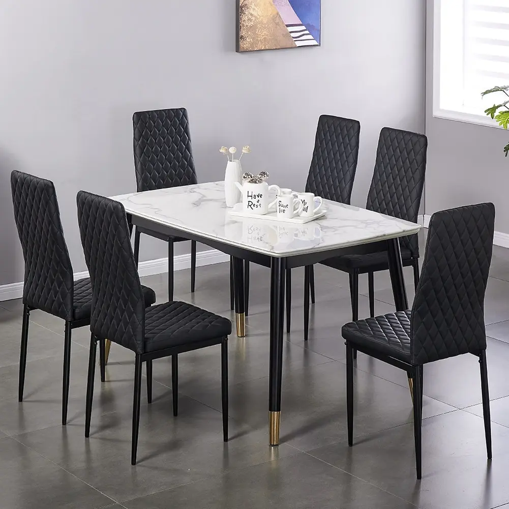 

6pcs/set Black Modern Minimalist Dining Chair Fireproof Leather Sprayed Metal Pipe Diamond Grid Pattern Home Conference Chair