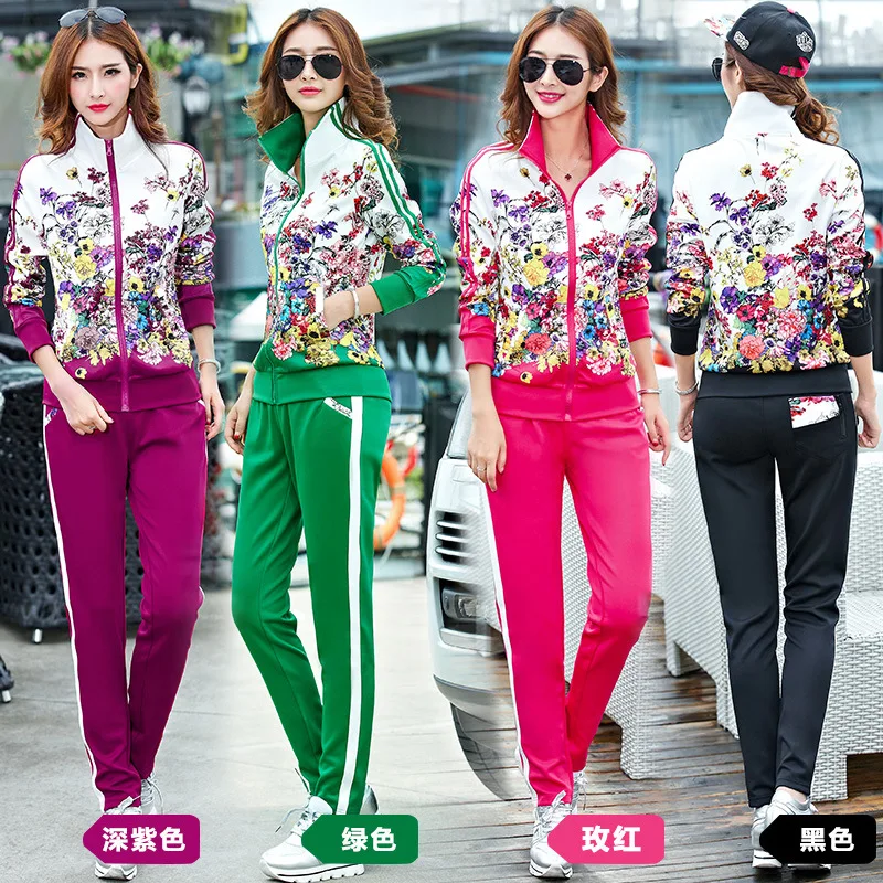 

Women's sports suit flower long sleeve stand collar jacket Wei loose casual fashion sportswear pants 2-piece setL-6XL