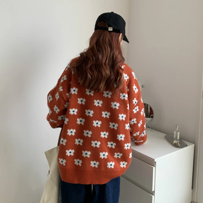 

Retro Tops V-Neck Loose Knitwear Jumper Pull Femme Women Sweaters Korean Floral Printing Autumn Knitted Pullovers