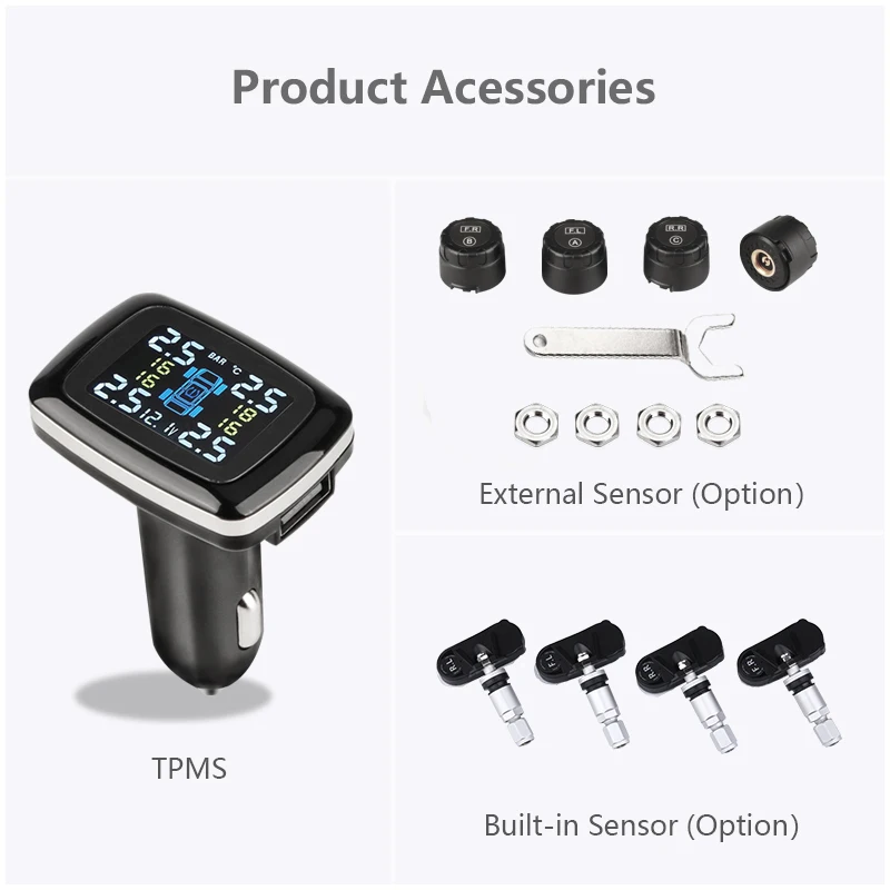TPMS прикуриватель светодиодный дисплей внешние внутренние датчики USB порт