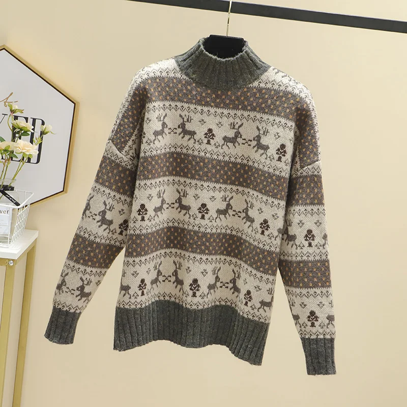

New Autumn / Winter 2020, Women's Retro Printed Knitted Sweater, Cartoon, Long Sleeve Half High Collar Large Size Top Fashion