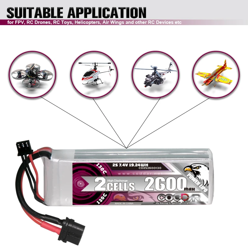 

CODDAR 2600mAh 2S 7.4V 130C Lipo Battery With XT60 Plug For Fixed Wing RC Quadcopter Helicopter FPV Racing Drone Parts