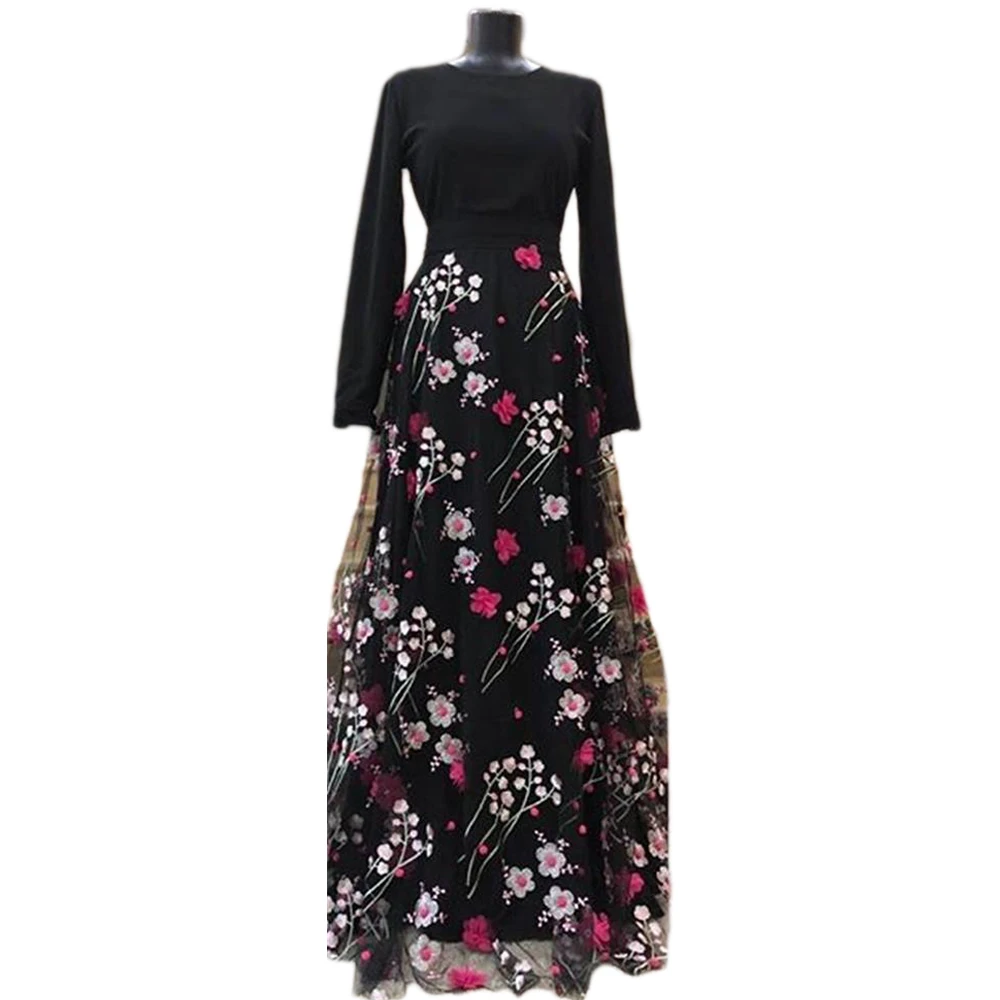 

Flower Embroidery Long Dress Muslim Women Abaya Elegant O-neck Party Evening Kaftan Arab Moroccan Turkish Dubai Fashion