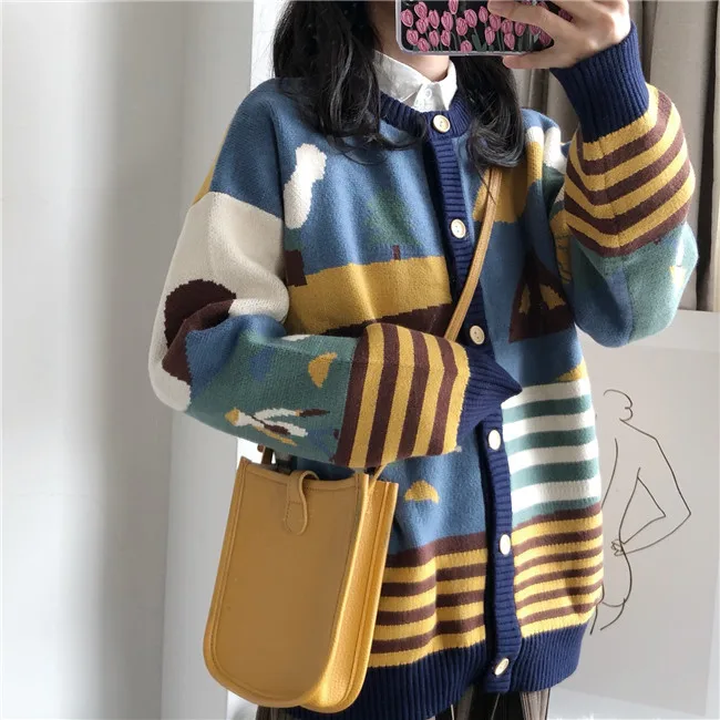 Весенняя новинка Женская трикотажная куртка кардиган с круглым вырезом Ретро