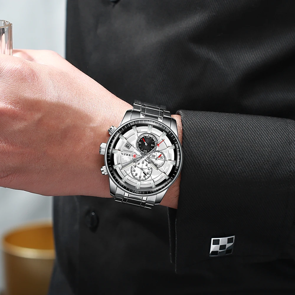 CURREN New Fashion Silver Black Quartz Watch Stainless Steel Waterproof Wristwatch Luminous Luxury Brand Chronograph Date Clock | Наручные