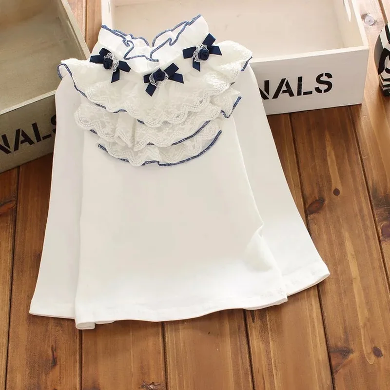 Милая Белая Блузка для девочек хлопковые топы с длинными рукавами и кружевным