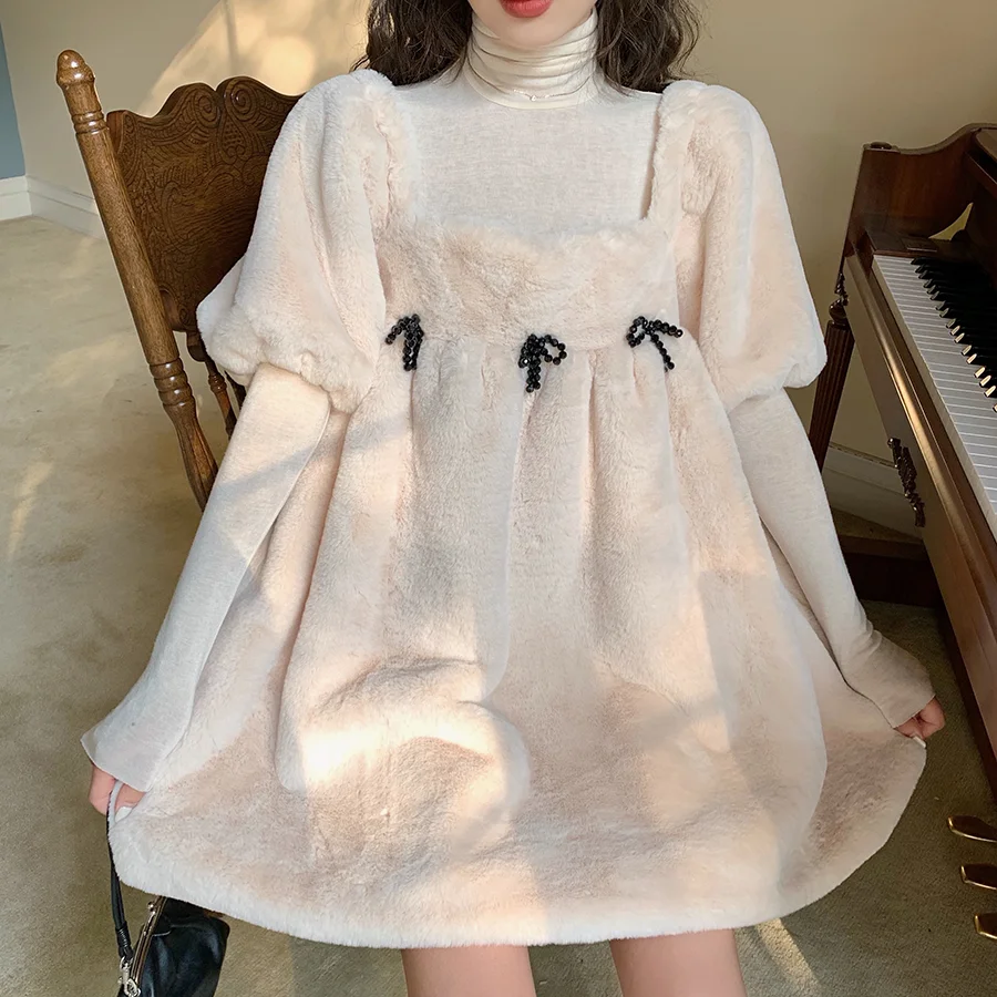 Sweet Korean Chic Autumn Fur Sweater Dress One Piece Japanese Square Collar Sweet Fairy Mini Dress Female Kawaii Bow Plush Dress