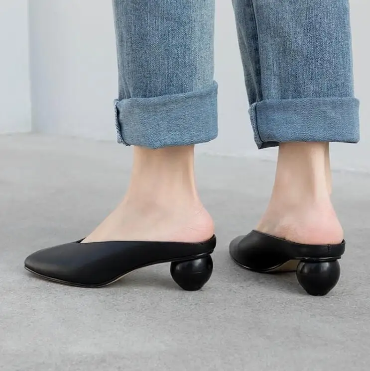 

Prova Perfetto Spring Summer Real Leather Slippers Women Square Toe Round Med Heel Half Slippers Concise Mules Shoes Yellow