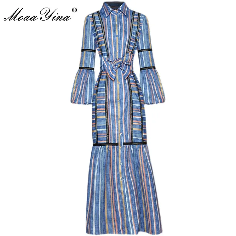 

MoaaYina модное дизайнерское осеннее длинное платье в полоску женское свободное праздничное платье с отложным воротником и рукавами-фонарикам...
