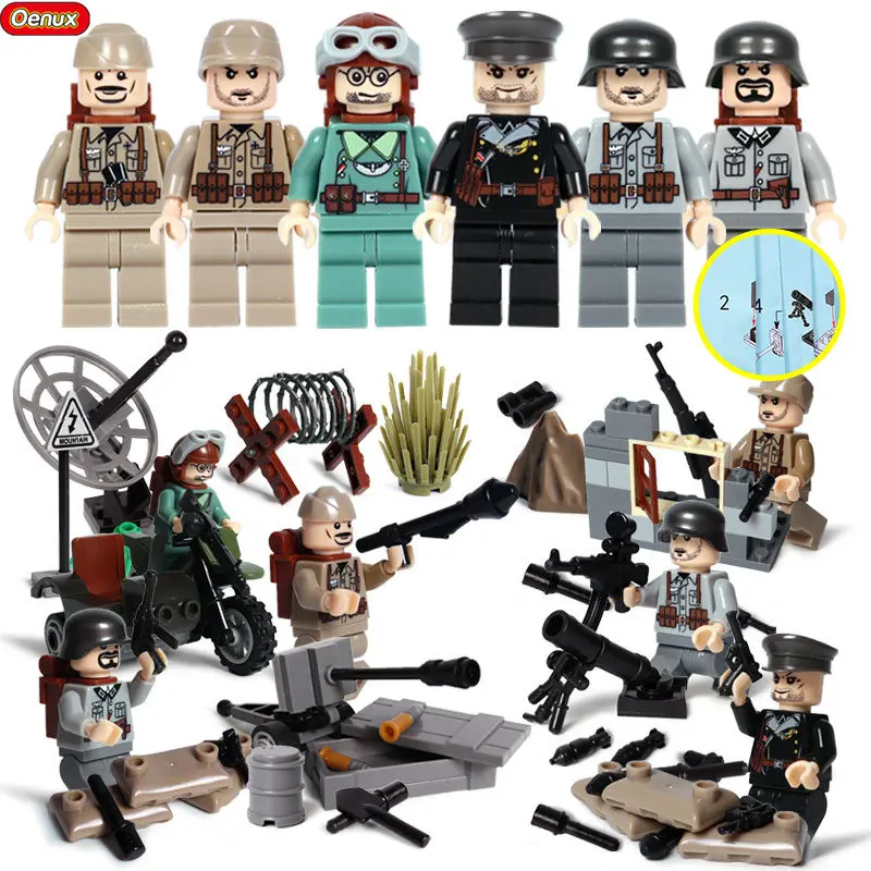 German Army 2 Oenux, новинка, 6 шт., WW2, мини, США, армейский солдат, фигурка, военный строительный блок, набор, WW2, военная модель оружия, MOC, кирпичная игрушка для детей - Цвет: German Army 2