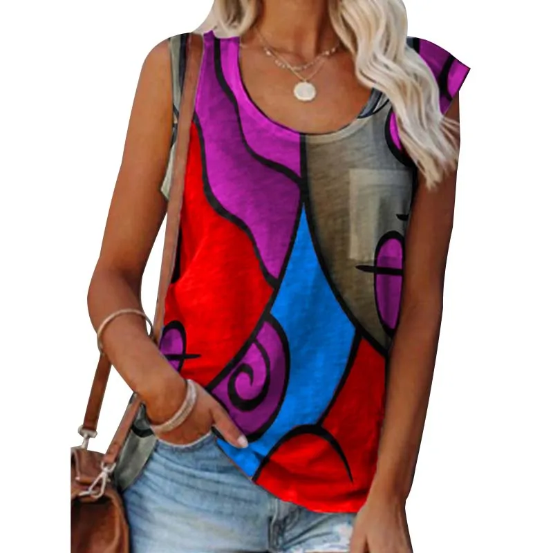 

Oversized Sleeveless T-shirt Women Summer Vintage Print O-neck Off Shoulder Female Plus Size Tees Streetwear Casual Tank Tops
