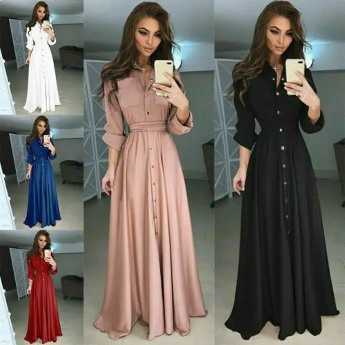 

Maxi Casual Loose Elegant Dresses Dress Women long Sleeve Boho Button Down Summer