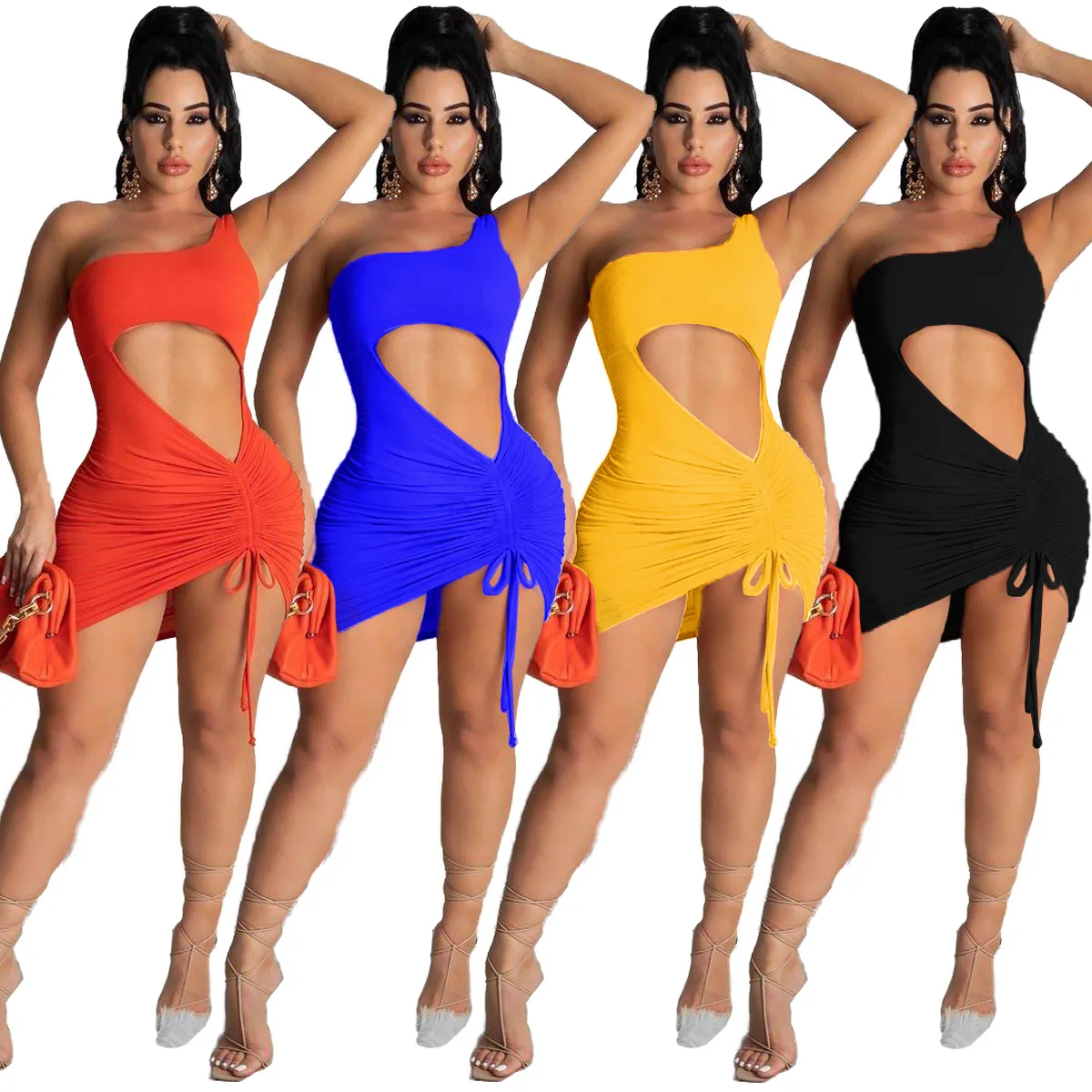 

Однотонное темпераментное модное повседневное женское платье на одно плечо, плиссированное сексуальное мини-платье с завязками, платье дл...