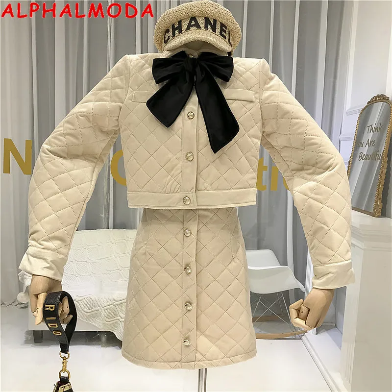 ALPHALMODA Women's 2019 Winter Elegant Padded Skirt Suits Bow Collar Long-sleeved Short Cut Coat A-line 2pcs Fashion Set | Женская
