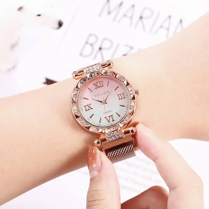 Кварцевые часы для женщин модные роскошные розовое золото Алмаз Звездное небо