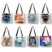 cool wild animal wolf tiger bear print shopping bags for groceries large capcity women handbag shoulder bag color drawing paint