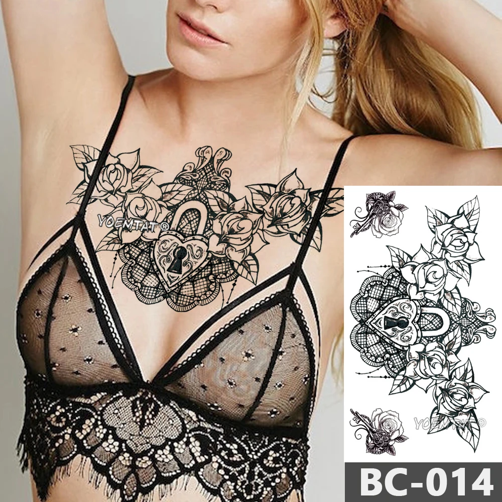 1 Sheet Chest Body Tattoo Temporary Waterproof Jewelry Heart shaped lock feather wings Pattern Decal Waist Art Tattoo Sticker