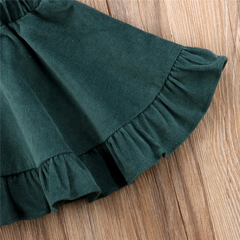 New Kid Girl Corduroy Green Strap Skirts Ruffles Suspender Sleeveless Solid Skirt Sundress Summer Fall Clothes | Мать и ребенок