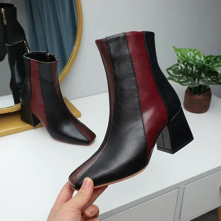 

2020 Autumn and Winter Color Matching Side Zipper Square Toe European and American High-heeled Ankle Boots Plus Size 32-48
