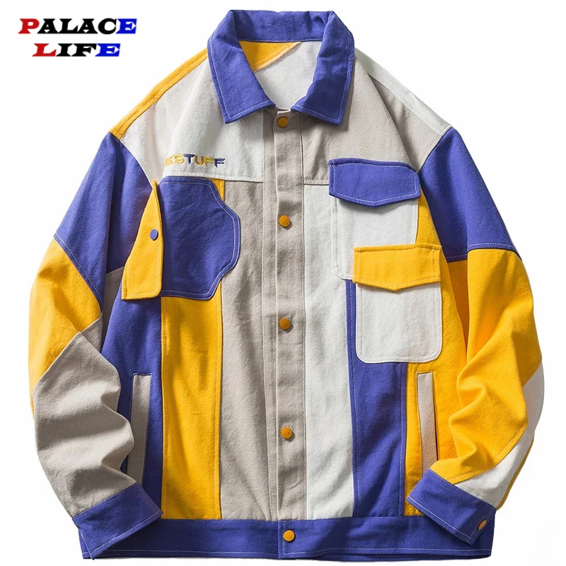 

Hip Hop Streetwear Color Block Patchwork Denim Jacket Men Embroidery Letter Jacket Coat 2021 Autumn Harajuku Cotton Outwear