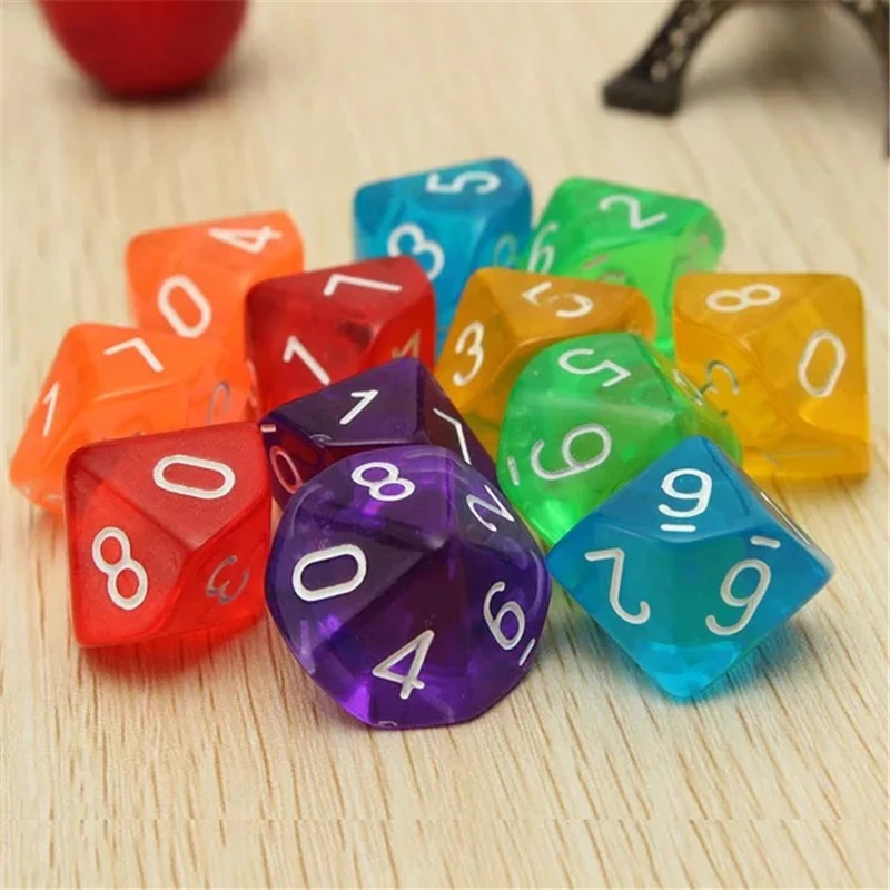 

10pcs Transparent 10 Dice Die 10 Sided Gem Dice Set Multicolor D10 RPG Dungeons Dragons Playing Games Mix Color Drop Shipping