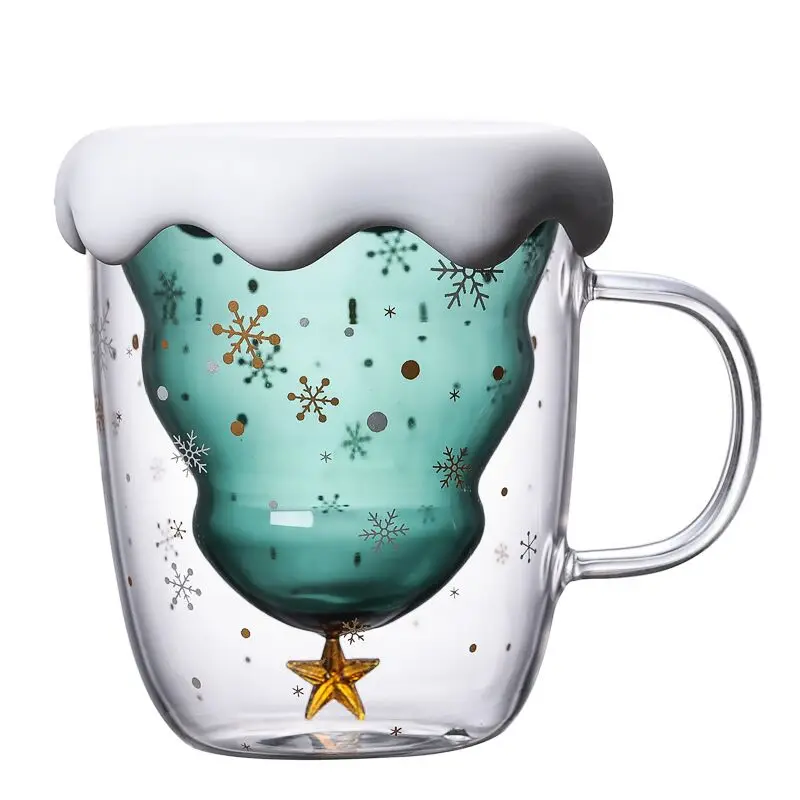 300ML Christmas mug Creative glass mug Christmas Tree Star Cup High Temperature Resistant Mug Double Layer Water Cups Xmas Gifts