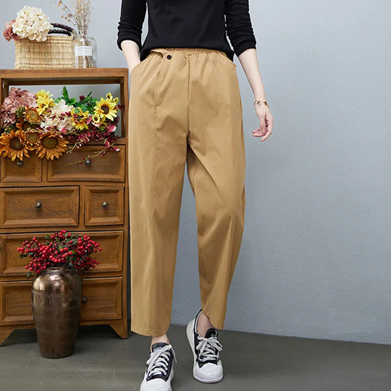 

Limiguyue XXL Vintage Cotton Pants Women Casual Elastic Waisted Solid Harem Pants Leisure Ankle Length Female Trousers K3983