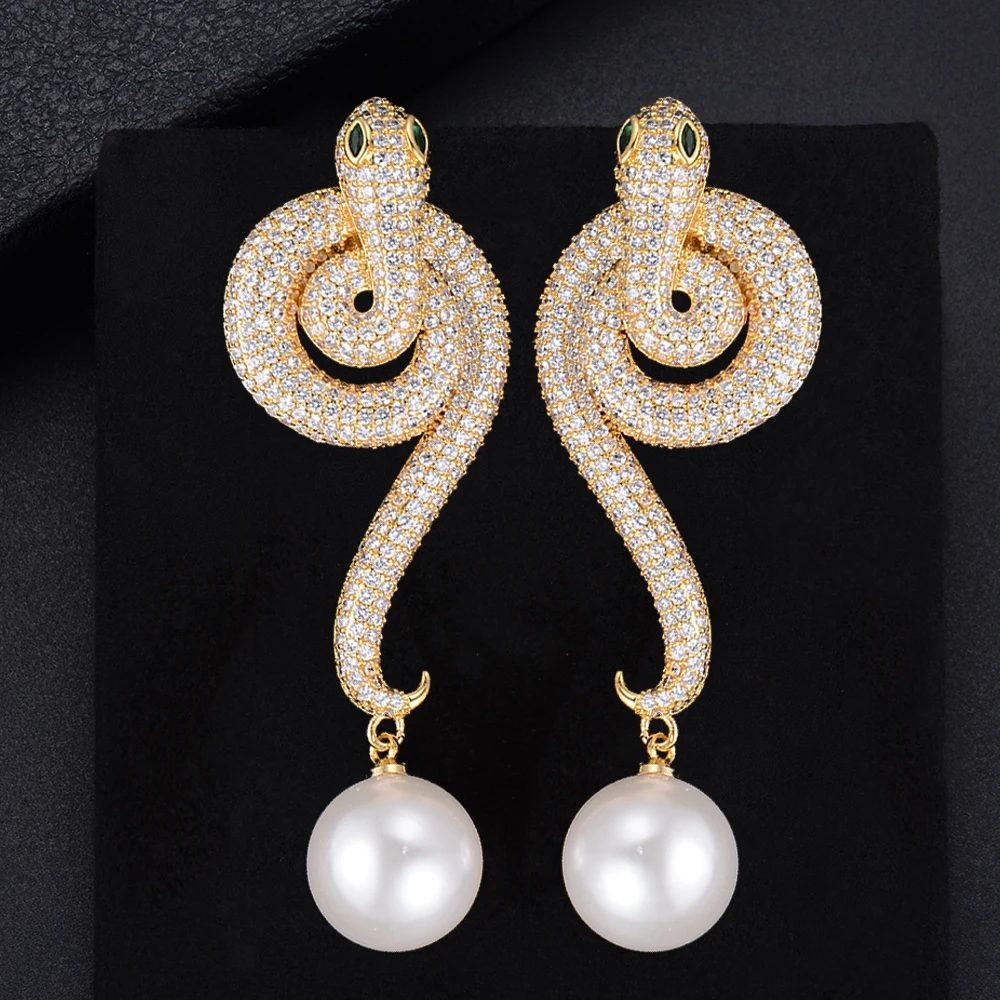 

Blachette Personality Spiral Snake Shape Pearl Pendant AAA Cubic Zirconia Dangle Drop Earrings For Women Girls Party Daily