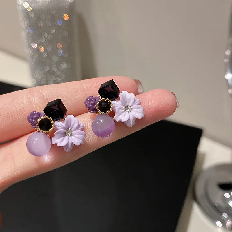

Crystal Cube Purple Flower Earrings With Opal Stone Ear Studs Jewelry For Party Dating Cute Gift