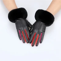 europe station high quality womens winter genuine leather gloves mittens with rex rabbit fur cuffs mitts