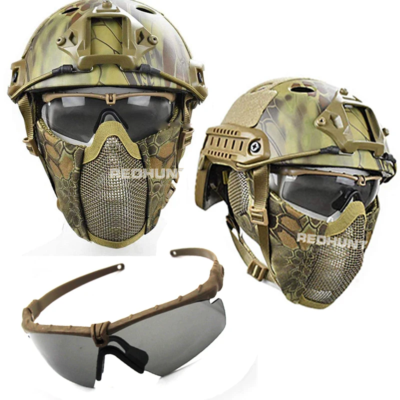 Tactical PJ Fast Helmet with Goggles Foldable Mesh Mask Ear Protect Full Face Cover Helmet For Hunting Paintball CS War Game