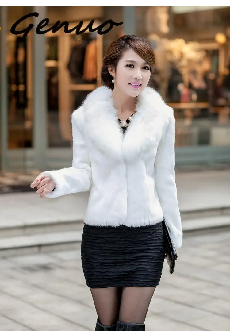 Black/White Womens Winter Autumn Short Section Faux Fur Jackets Man-Made Rabbit Fur Collar Casual Fur Coats Casaco Feminino