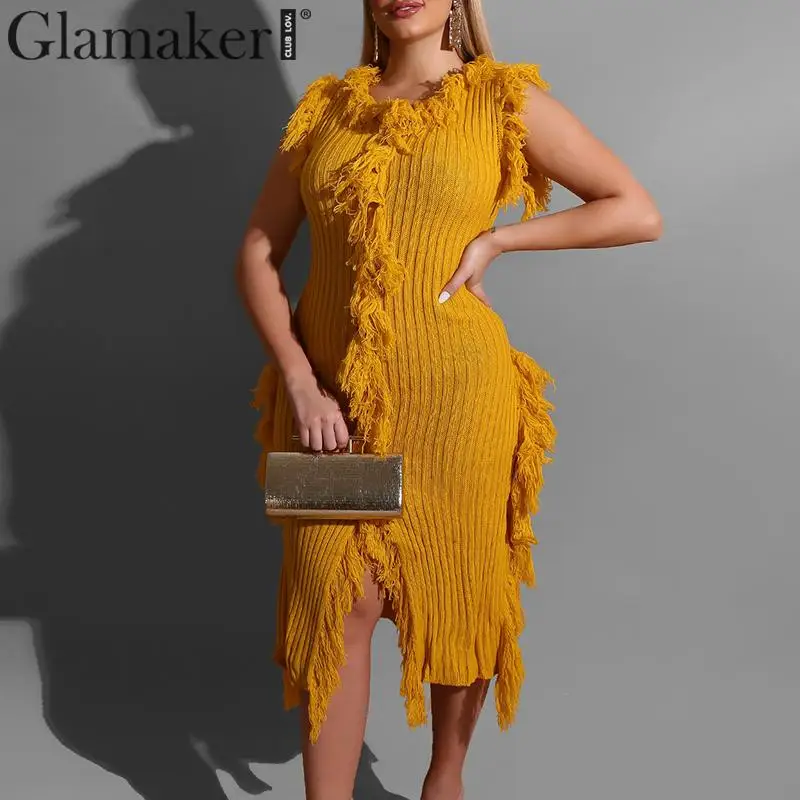 Glamaker/красное платье без рукавов с кисточками в стиле пэчворк женское длинное